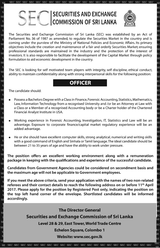 Officer - Securities & Exchange Commission of Sri Lanka